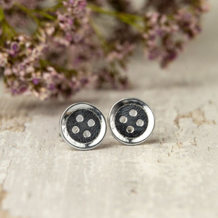 Silver Button Stud Earrings