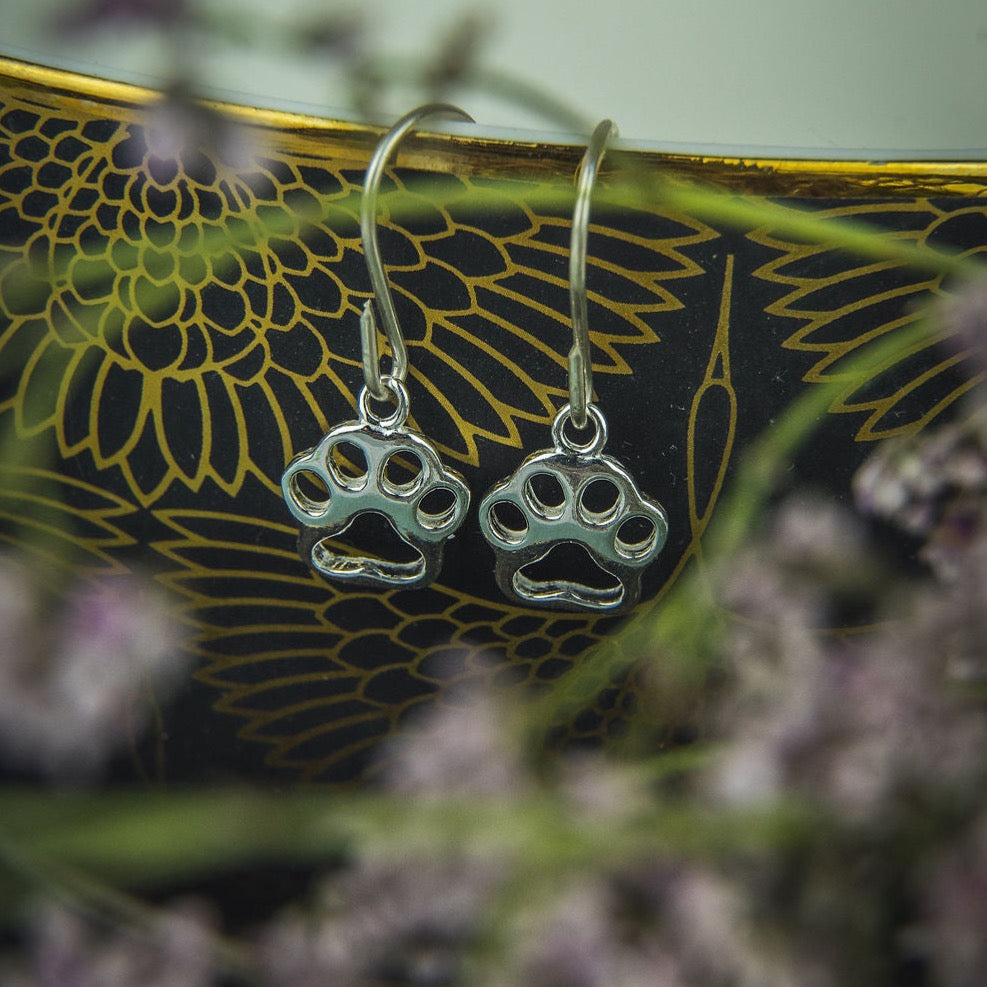 Paw Print Silver Drop Earrings