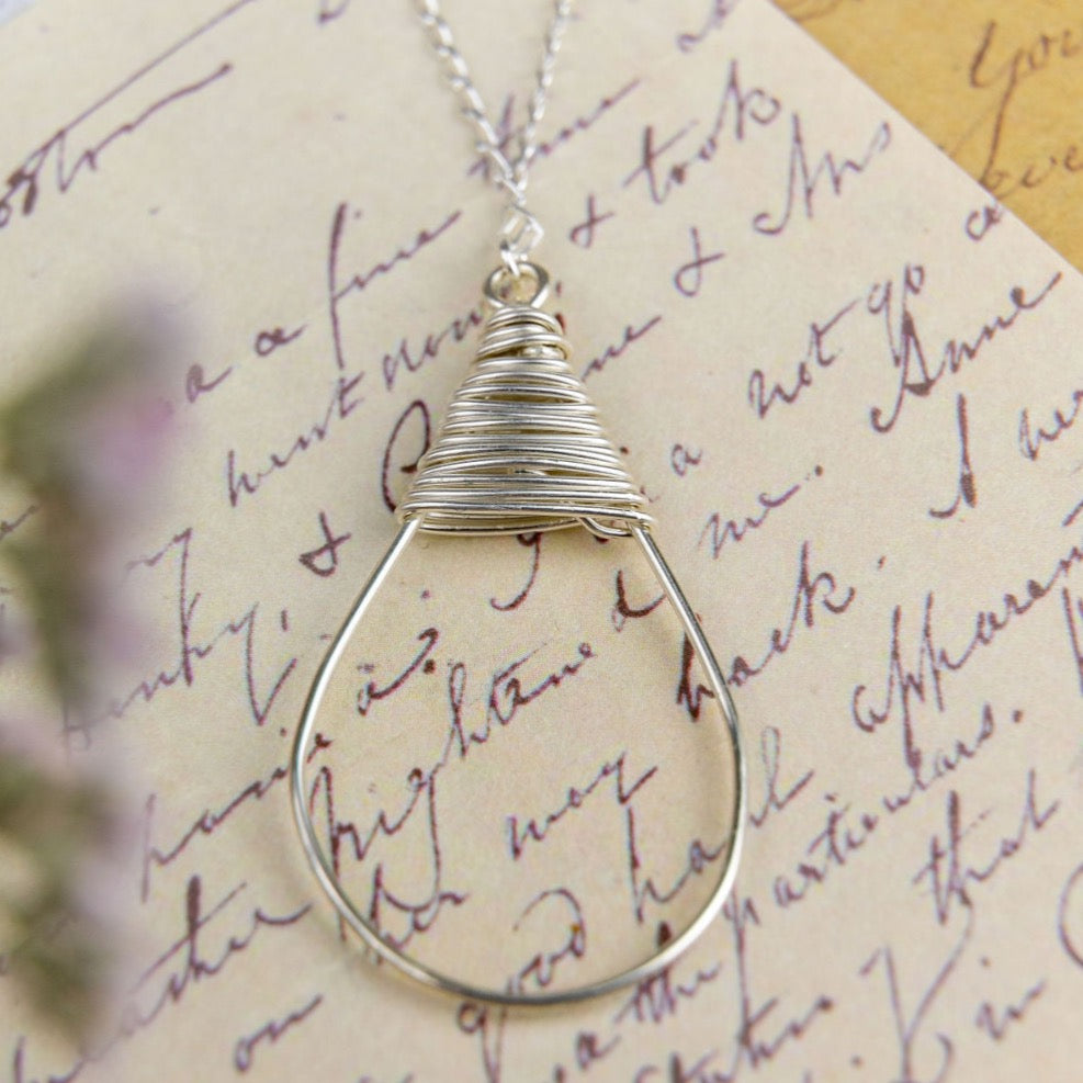 Silver Wire Wrapped Teardrop Pendant Necklace