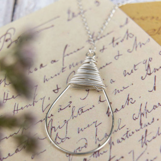 Silver Wire Wrapped Teardrop Pendant Necklace