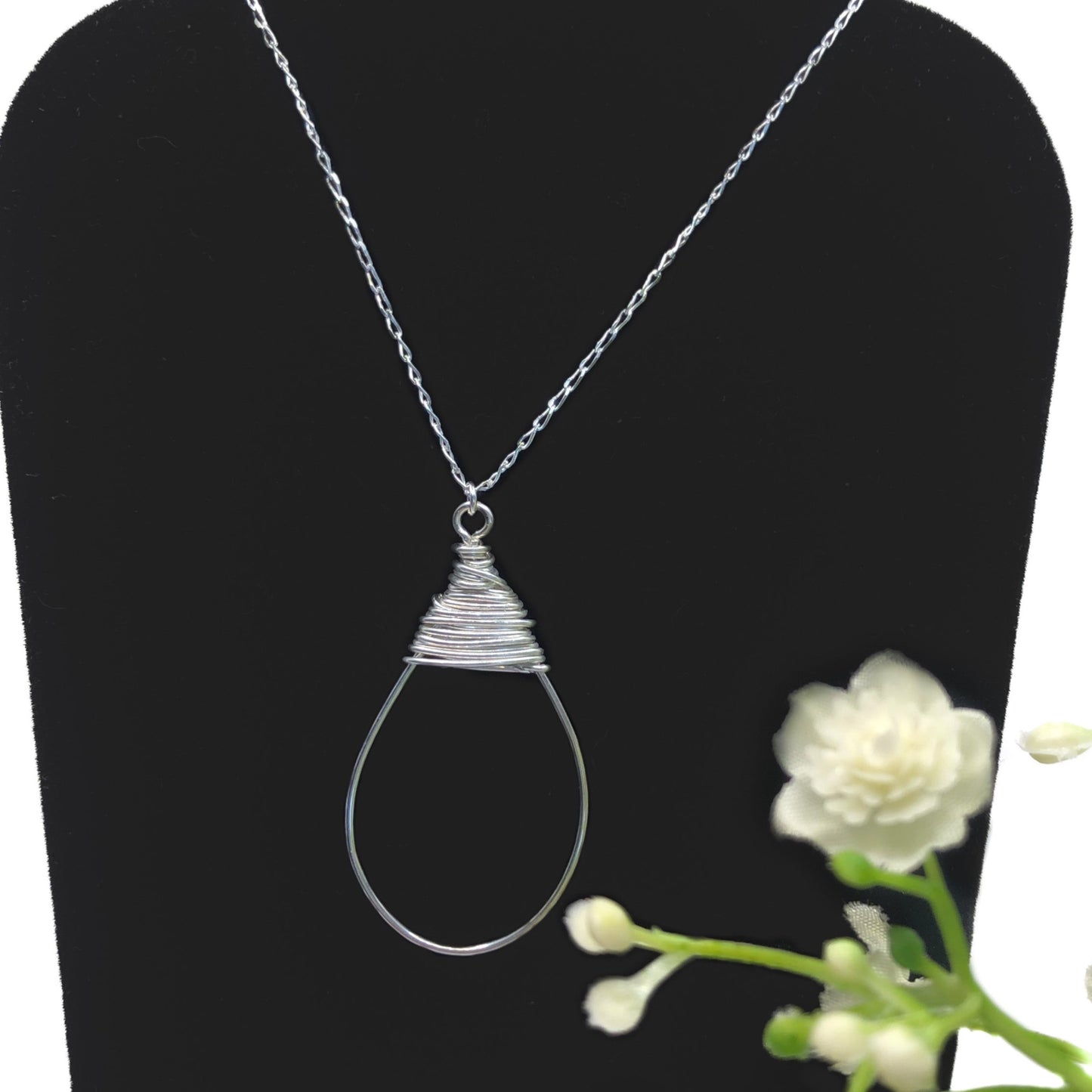 Silver Wire Wrapped Teardrop Pendant Necklace