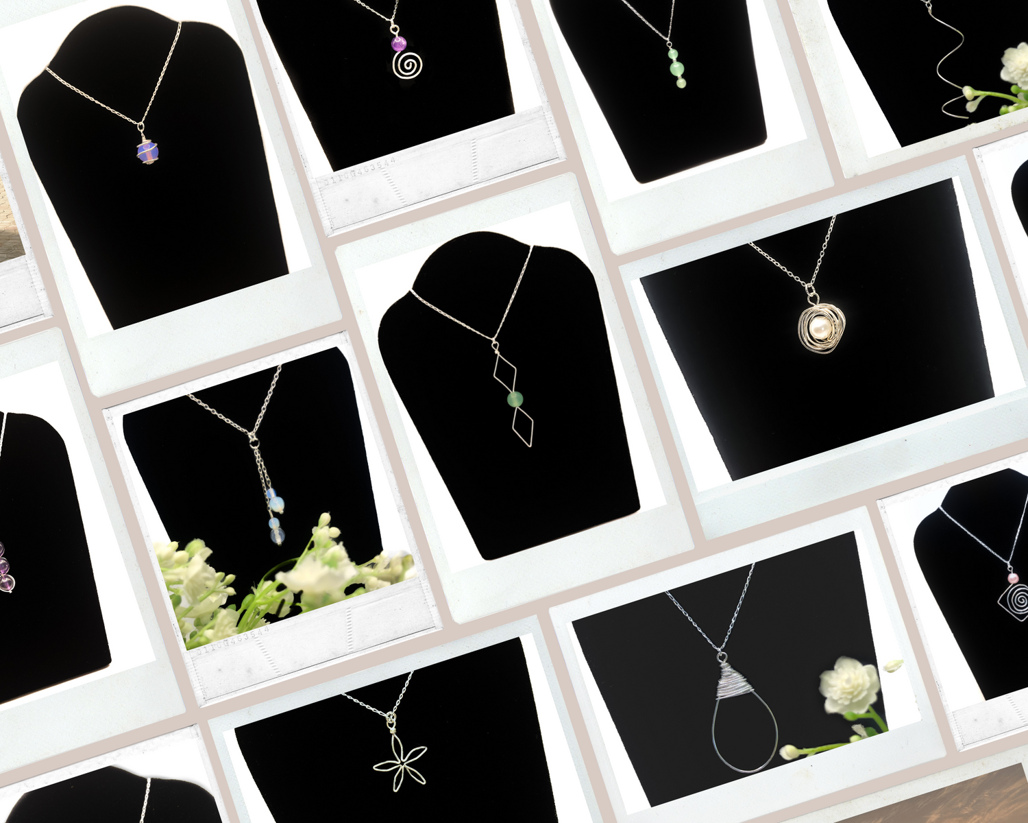 A collage of several photographs of our best selling silver necklaces, including some designs with crystal beads